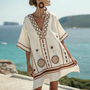 Women's Boho Embroidered Beach Cover Up – V Neck Batwing Sleeve Summer