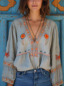 Women's Boho Embroidered Blouse – V Neck Floral Bell Sleeve Summer Top