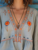 Women's Boho Embroidered Blouse – V Neck Floral Bell Sleeve Summer Top