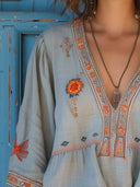 Women's Boho Embroidered Blouse – V Neck Floral Bell Sleeve Summer Top