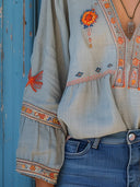 Women's Boho Embroidered Blouse – V Neck Floral Bell Sleeve Summer Top