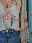 Women's Boho Embroidered Blouse – V Neck Floral Bell Sleeve Summer Top