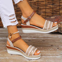 Women's Boho Embroidered Wedge Sandals – Ankle Strap Buckle Open Toe Summer