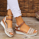 Women's Boho Embroidered Wedge Sandals – Ankle Strap Buckle Open Toe Summer