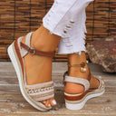 Women's Boho Embroidered Wedge Sandals – Ankle Strap Buckle Open Toe Summer