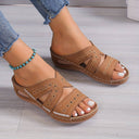 Women's Boho Embroidered Wedge Slides – Cutout Open Toe Summer Slip On Sandals