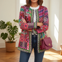 Women's Boho Ethnic Print Jacket – Open Front Long Sleeve Patchwork Floral Coat
