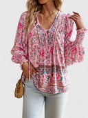 Women's Boho Floral Blouse – V Neck Tie Puff Sleeve Long Sleeve Top