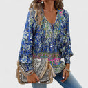 Women's Boho Floral Blouse – V Neck Tie Puff Sleeve Long Sleeve Top