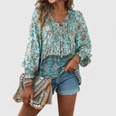 Women's Boho Floral Blouse – V Neck Tie Puff Sleeve Long Sleeve Top