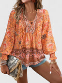 Women's Boho Floral Blouse – V Neck Tie Puff Sleeve Long Sleeve Top