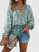 Women's Boho Floral Blouse – V Neck Tie Puff Sleeve Long Sleeve Top