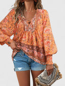 Women's Boho Floral Blouse – V Neck Tie Puff Sleeve Long Sleeve Top