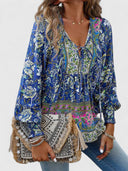 Women's Boho Floral Blouse – V Neck Tie Puff Sleeve Long Sleeve Top