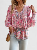 Women's Boho Floral Blouse – V Neck Tie Puff Sleeve Long Sleeve Top