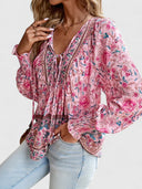 Women's Boho Floral Blouse – V Neck Tie Puff Sleeve Long Sleeve Top