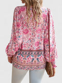 Women's Boho Floral Blouse – V Neck Tie Puff Sleeve Long Sleeve Top