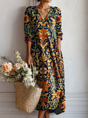 Women's Boho Floral Damask Midi – V Neck Long Sleeve Loose Casual Everyday Dress