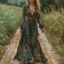 Women's Boho Floral Embroidered Maxi – V Neck Sheer Sleeve Belted Festival Dress