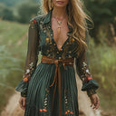 Women's Boho Floral Embroidered Maxi – V Neck Sheer Sleeve Belted Festival Dress