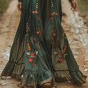 Women's Boho Floral Embroidered Maxi – V Neck Sheer Sleeve Belted Festival Dress