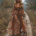 Women's Boho Floral Embroidered Maxi – V Neck Sheer Sleeve Belted Festival Dress
