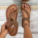 Women's Boho Floral Flat Sandals – Rhinestone Beaded Toe Ring Summer Beach Sandals