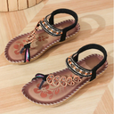 Women's Boho Floral Flat Sandals – Rhinestone Beaded Toe Ring Summer Beach Sandals