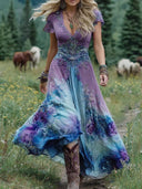 Women's Boho Floral Gradient Maxi Dress – V Neck Cap Sleeve Lace Trim A-Line