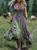 Women's Boho Floral Gradient Maxi Dress – V Neck Cap Sleeve Lace Trim A-Line