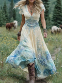 Women's Boho Floral Gradient Maxi Dress – V Neck Cap Sleeve Lace Trim A-Line