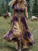 Women's Boho Floral Gradient Maxi Dress – V Neck Cap Sleeve Lace Trim A-Line