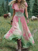 Women's Boho Floral Gradient Maxi Dress – V Neck Cap Sleeve Lace Trim A-Line
