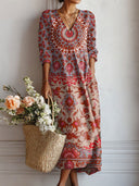Women's Boho Floral Midi – V Neck Long Sleeve Everyday Casual Loose Dress
