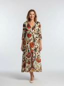Women's Boho Floral Midi – V Neck Three Quarter Sleeve Relaxed Dress