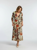 Women's Boho Floral Midi – V Neck Three Quarter Sleeve Relaxed Dress
