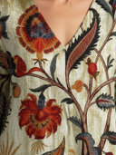 Women's Boho Floral Midi – V Neck Three Quarter Sleeve Relaxed Dress