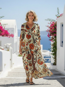 Women's Boho Floral Midi – V Neck Three Quarter Sleeve Relaxed Dress