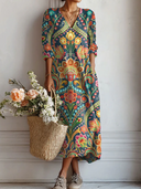 Women's Boho Floral Paisley Maxi Dress – V Neck 3/4 Sleeve Casual Vacation Dress