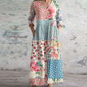 Women's Boho Floral Patchwork Maxi – V Neck 3/4 Sleeve Pocket Casual Summer Dress