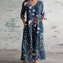 Women's Boho Floral Patchwork Maxi – V Neck 3/4 Sleeve Pocket Casual Summer Dress