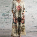 Women's Boho Floral Patchwork Maxi – V Neck 3/4 Sleeve Pocket Casual Summer Dress