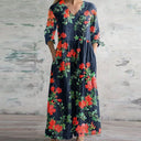 Women's Boho Floral Patchwork Maxi – V Neck 3/4 Sleeve Pocket Casual Summer Dress