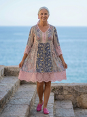 Women's Boho Floral Print Mini – V Neck 3/4 Sleeve Crochet Lace Trim Summer Dress