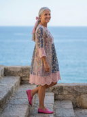 Women's Boho Floral Print Mini – V Neck 3/4 Sleeve Crochet Lace Trim Summer Dress