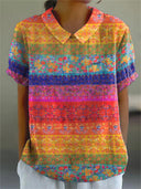 Women's Boho Floral Stripe Print Top – Collared Short Sleeve Casual Everyday Shirt