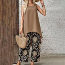 Women's Boho Floral Two-Piece Set – Solid Sleeveless Tunic Asymmetric Hem Wide-Leg Pants