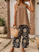 Women's Boho Floral Two-Piece Set – Solid Sleeveless Tunic Asymmetric Hem Wide-Leg Pants