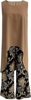 Women's Boho Floral Two-Piece Set – Solid Sleeveless Tunic Asymmetric Hem Wide-Leg Pants