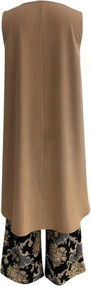 Women's Boho Floral Two-Piece Set – Solid Sleeveless Tunic Asymmetric Hem Wide-Leg Pants